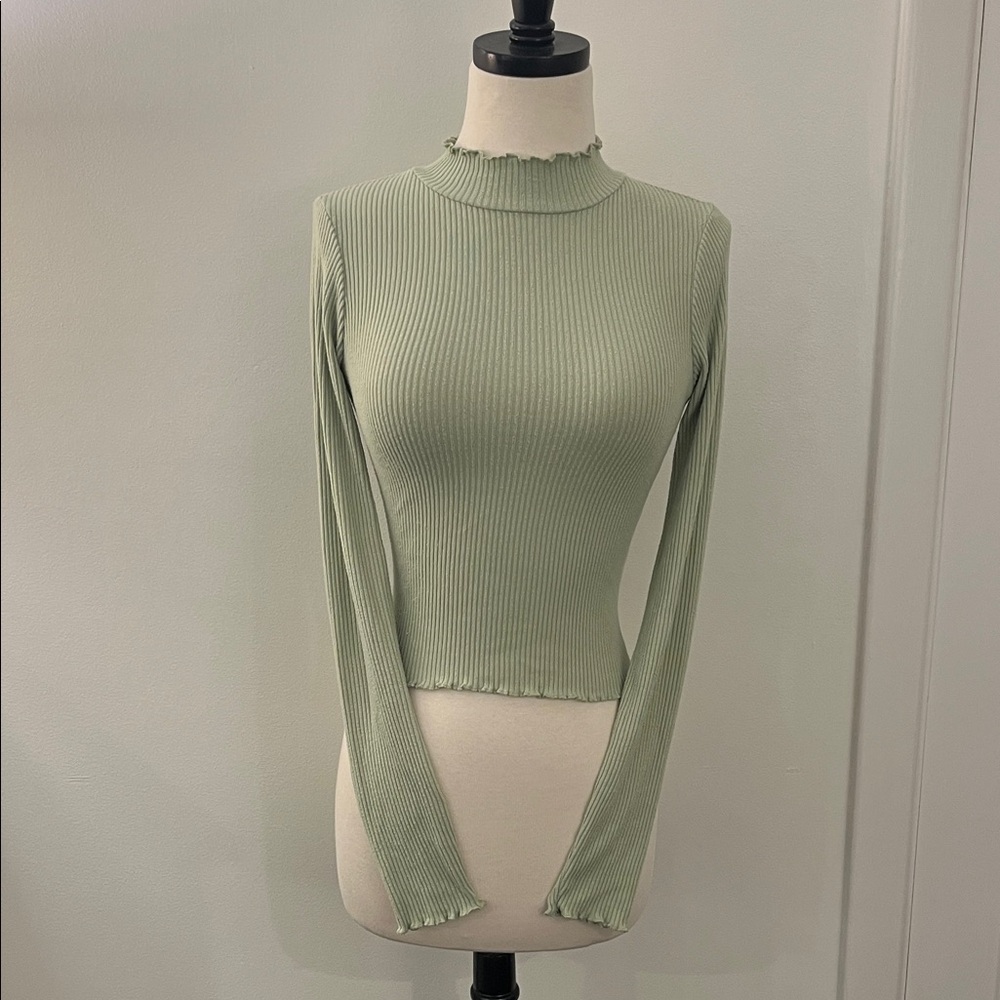 American Eagle Ribbed Sage Green Long Sleeve Top